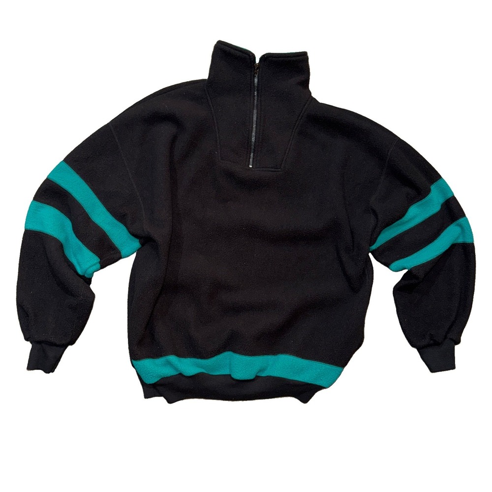 Vintage 90s Stats Sweatshirt Men's XL Black Green Fleece 1/4 Zip Pullover